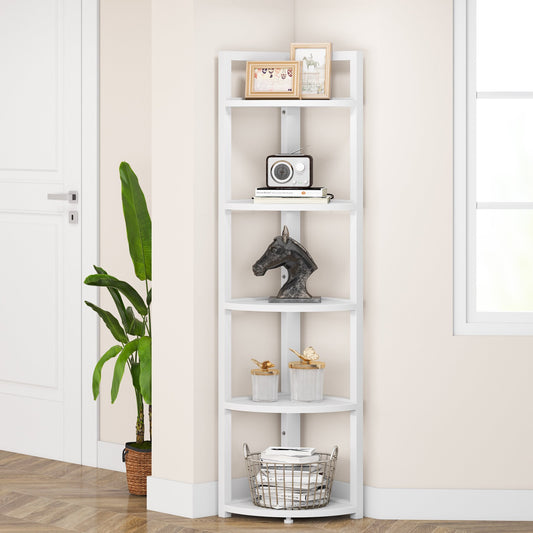 Hmorey 5 Tier Corner Bookcase Plant Stand Storage Open Shelf Corner Display Rack white